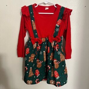 SHEIN Classic Christmas Gingerbread Overall Dress with Bows Red Green Girl's 2-3